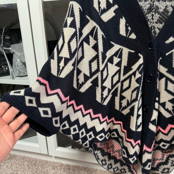 Rhapsody Colorful Blue and Beige Geometric Cardigan Sweater Poncho Size Medium - Picture 3 of 7